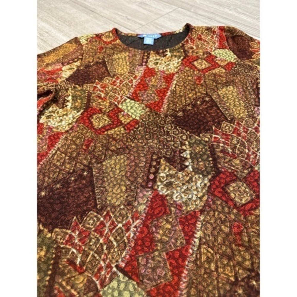 Koret Womens Large Top Multicolor Geometric Patchwork Long Sleeve Earthy Boho - Picture 2 of 5